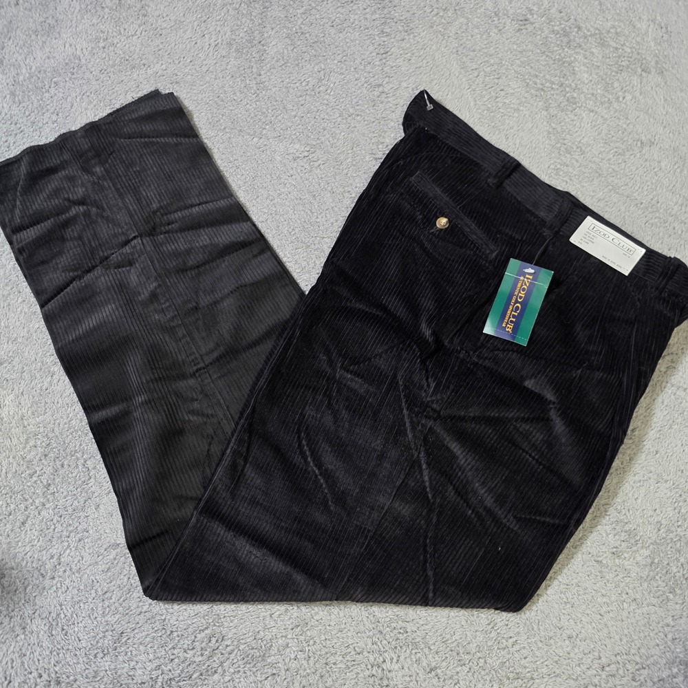 Izod Club Mens 36 Corduroy Pants Black Pleated Wide Wale Vintage NWT 26211